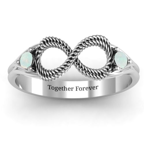 Braided Infinity Ring with Two Stones – Sterling Silver with Opal