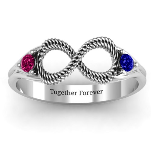 Braided Infinity Ring with Two Stones – Sterling Silver with Ruby and Blue Sapphire