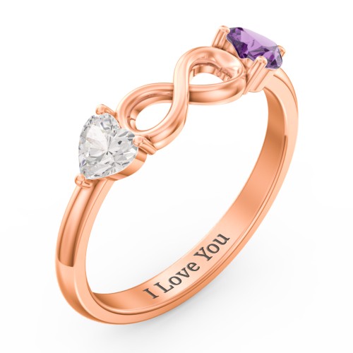 Two Hearts to Infinity Ring – 10K Rose Gold with Cubic Zirconia and Amethyst