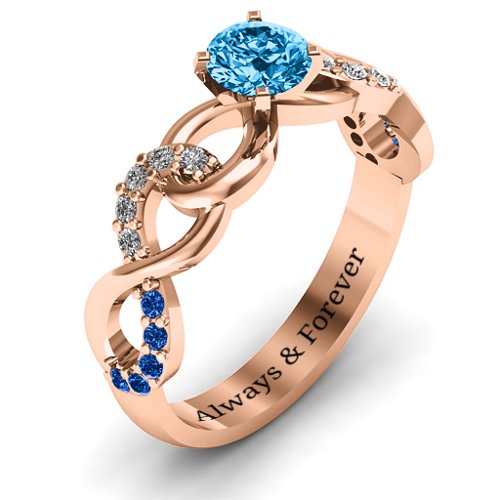 Triple Infinity with Accents Ring – 10K Rose Gold with Blue Topaz, Fancy Blue Premium Zirconia, and White Premium Zirconia