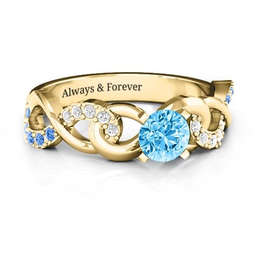 Triple Infinity with Accents Ring – 10K Yellow Gold with Blue Topaz, Fancy Blue Premium Zirconia, and White Premium Zirconia