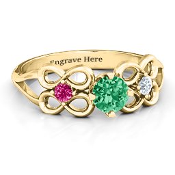 Quad Infinity Ring with Centre stone and Dual Accent Ring in 10K Solid Yellow Gold with Emerald, Ruby, and Cubic Zirconia