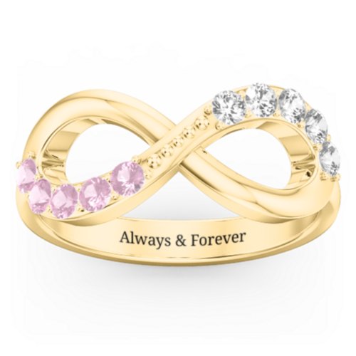 Birthstone Infinity Accent Ring – 14K Yellow Gold with Pink Tourmaline and Cubic Zirconia
