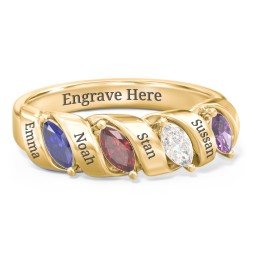 Spiral Marquise Row Ring in 10K Solid Yellow Gold with Blue Sapphire, Garnet, Cubic Zirconia, and Amethyst