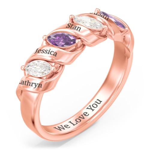 Spiral Marquise Row Ring – 10K Rose Gold with Cubic Zirconia and Amethyst