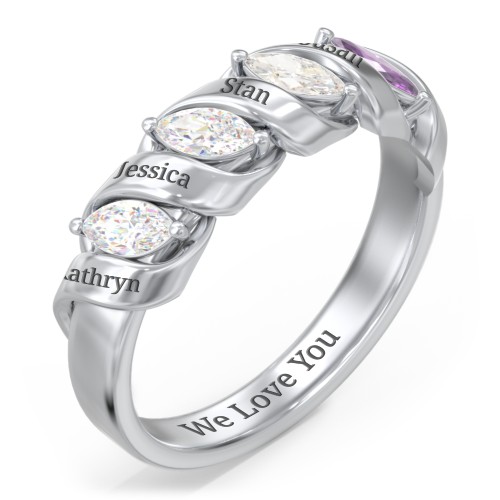 Spiral Marquise Row Ring – Sterling Silver with Diamond, Cubic Zirconia, and Amethyst