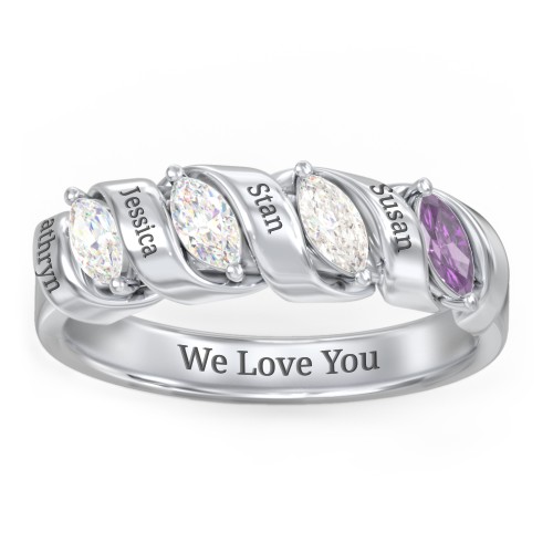 Spiral Marquise Row Ring – Sterling Silver with Diamond, Cubic Zirconia, and Amethyst