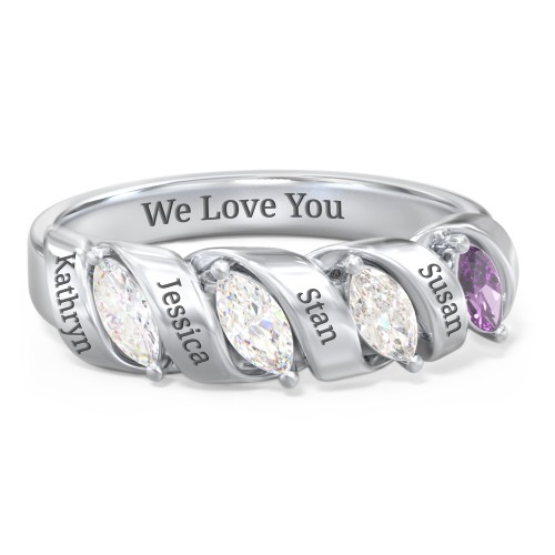 Spiral Marquise Row Ring – Sterling Silver with Diamond, Cubic Zirconia, and Amethyst