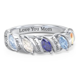 Spiral Marquise Row Ring in 925 Sterling Silver with Aquamarine, Cubic Zirconia, Blue Sapphire, and Blue Topaz