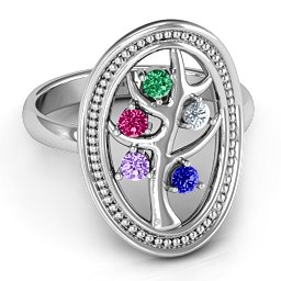 Organic Tree of Life Ring in 925 Sterling Silver with Emerald, Ruby, Cubic Zirconia, Amethyst, and Blue Sapphire