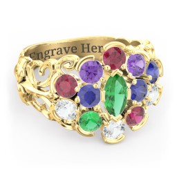 Bunches of Love Ring in 10K Solid Yellow Gold with Emerald, Ruby, Cubic Zirconia, Amethyst, and Blue Sapphire