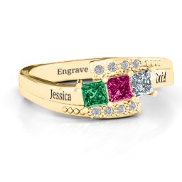 Triple Princess Stone Ring with Accents in 10K Solid Yellow Gold with Emerald, Ruby, and Cubic Zirconia
