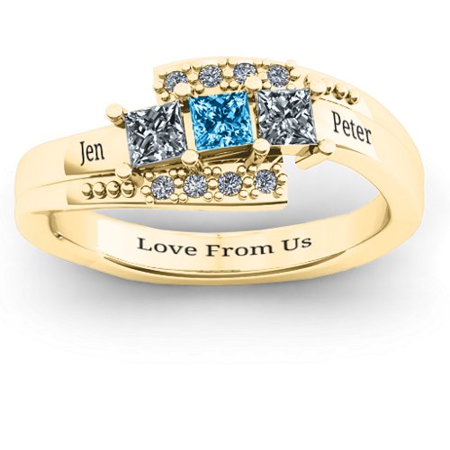 Triple Princess Stone Ring with Accents – 10K Yellow Gold with Cubic Zirconia and Blue Topaz