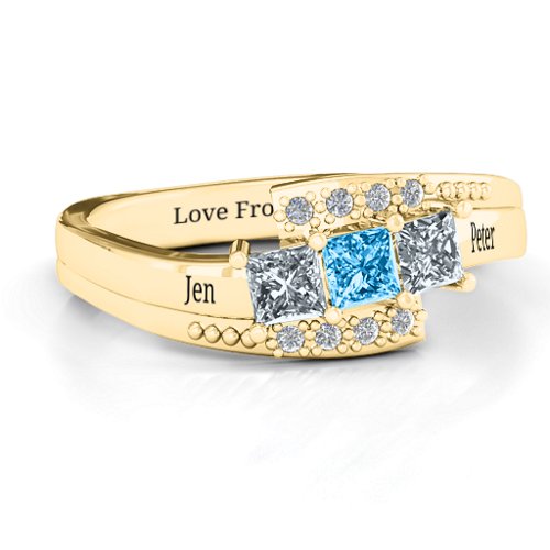 Triple Princess Stone Ring with Accents – 10K Yellow Gold with Cubic Zirconia and Blue Topaz