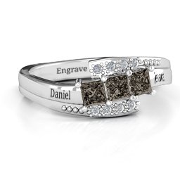 Triple Princess Stone Ring with Accents in 925 Sterling Silver with Smokey Quartz
