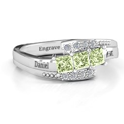Triple Princess Stone Ring with Accents in 925 Sterling Silver with Peridot