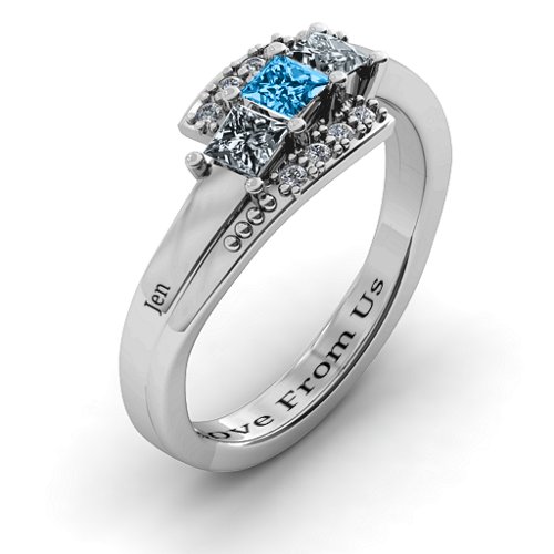 Triple Princess Stone Ring with Accents – Sterling Silver with Cubic Zirconia and Blue Topaz