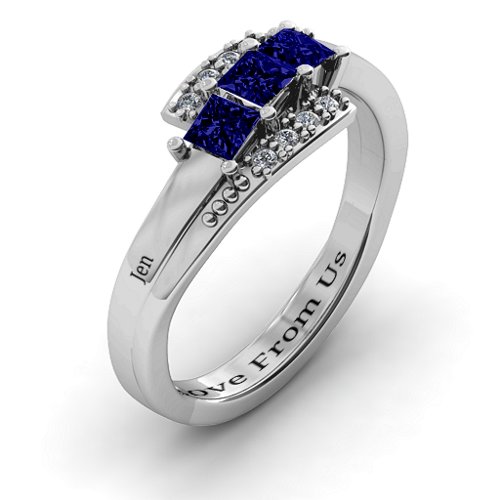 Triple Princess Stone Ring with Accents – Sterling Silver with Blue Sapphire and Cubic Zirconia