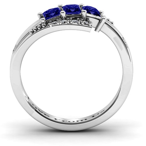 Triple Princess Stone Ring with Accents – Sterling Silver with Blue Sapphire and Cubic Zirconia