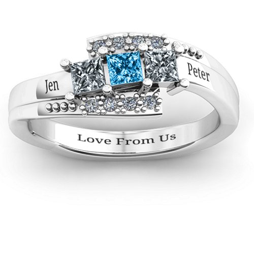 Triple Princess Stone Ring with Accents – Sterling Silver with Cubic Zirconia and Blue Topaz