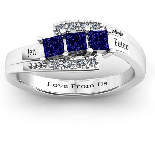 Triple Princess Stone Ring with Accents – Sterling Silver with Blue Sapphire and Cubic Zirconia