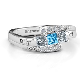 Triple Princess Stone Ring with Accents in 10K Solid White Gold with Cubic Zirconia and Blue Topaz