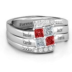 Quad Princess Stone Ring with Accents – Sterling Silver with Garnet, Cubic Zirconia, and White Premium Zirconia