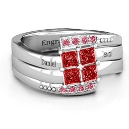 Quad Princess Stone Ring with Accents in 925 Sterling Silver with Garnet and Red Premium Zirconia