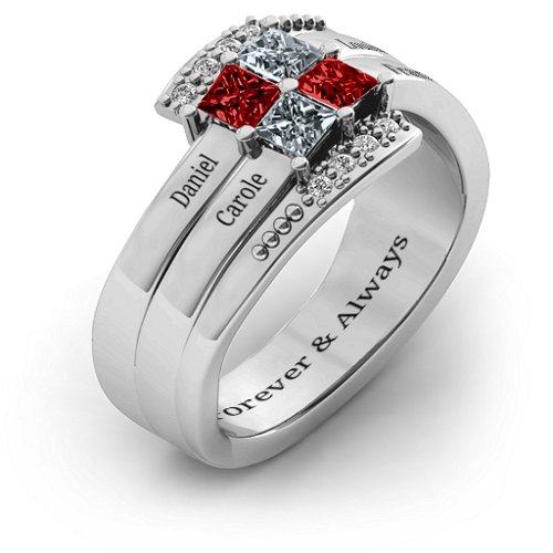 Quad Princess Stone Ring with Accents – Sterling Silver with Garnet, Cubic Zirconia, and White Premium Zirconia