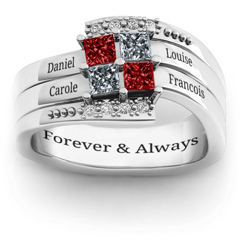 Quad Princess Stone Ring with Accents – Sterling Silver with Garnet, Cubic Zirconia, and White Premium Zirconia
