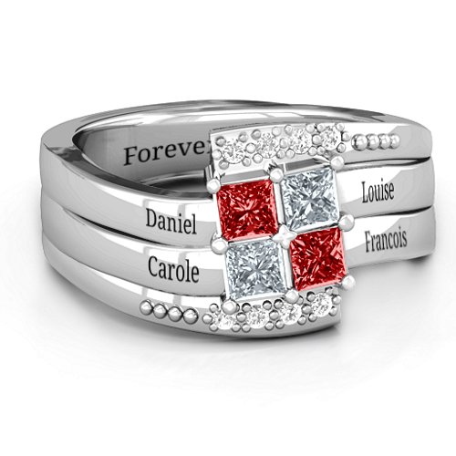 Quad Princess Stone Ring with Accents – Sterling Silver with Garnet, Cubic Zirconia, and White Premium Zirconia