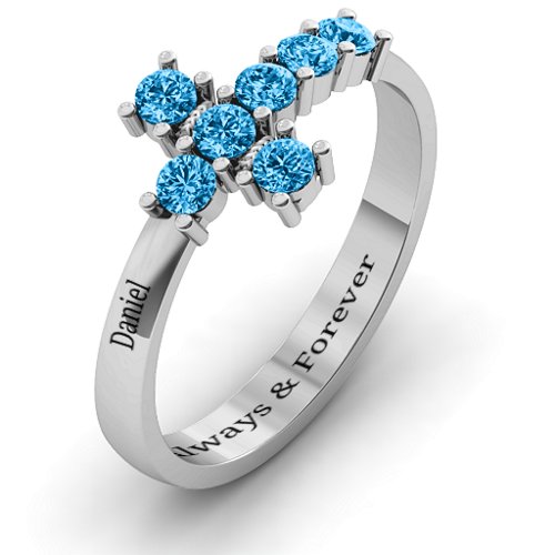 I Believe' Side Cross Ring – Sterling Silver with Blue Topaz