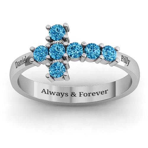 I Believe' Side Cross Ring – Sterling Silver with Blue Topaz