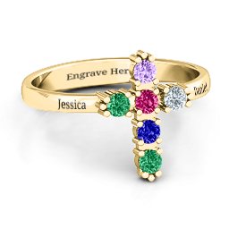 The Cross Ring in 10K Solid Yellow Gold with Emerald, Ruby, Cubic Zirconia, Amethyst, and Blue Sapphire
