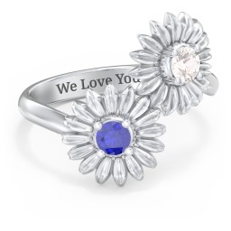 Sunflower Birthstone Bypass Ring in 925 Sterling Silver with Cubic Zirconia and Blue Sapphire