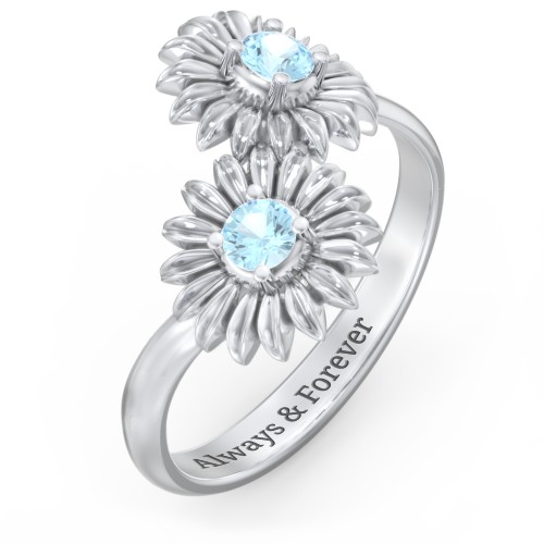 Sunflower Birthstone Bypass Ring – Sterling Silver with Blue Topaz