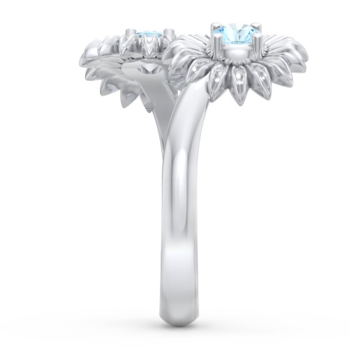 Sunflower Birthstone Bypass Ring – Sterling Silver with Blue Topaz