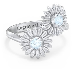 Sunflower Birthstone Bypass Ring in 925 Sterling Silver with Aquamarine