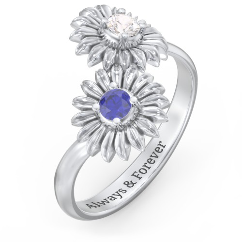 Sunflower Birthstone Bypass Ring – Sterling Silver with Cubic Zirconia and Blue Sapphire