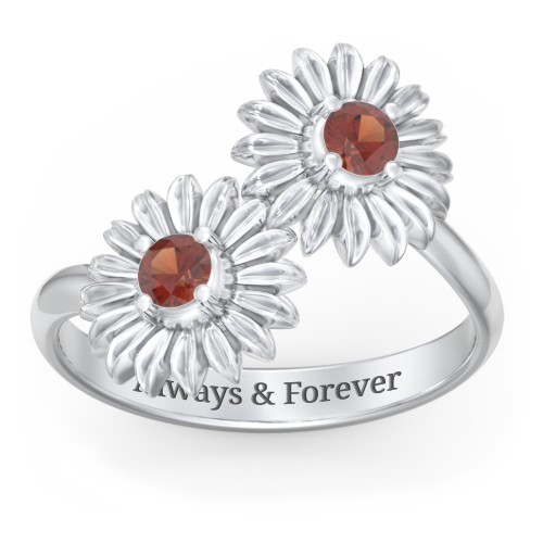 Sunflower Birthstone Bypass Ring – Sterling Silver with Garnet