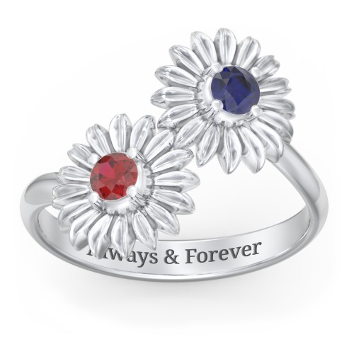 Sunflower Birthstone Bypass Ring – Sterling Silver with Blue Sapphire and Garnet