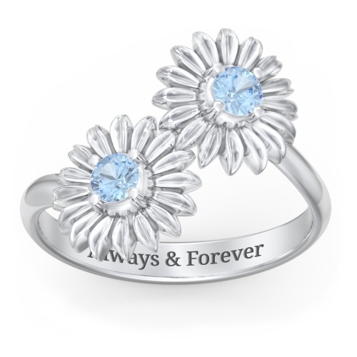 Sunflower Birthstone Bypass Ring – Sterling Silver with Blue Topaz