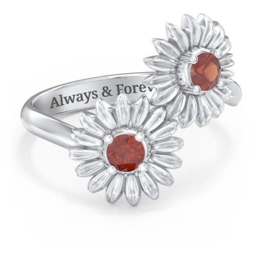 Sunflower Birthstone Bypass Ring – Sterling Silver with Garnet