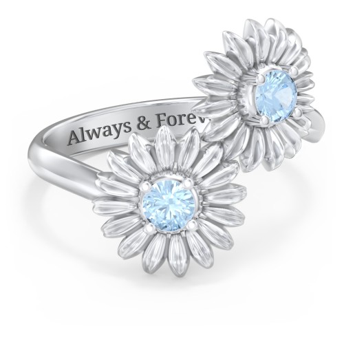 Sunflower Birthstone Bypass Ring – Sterling Silver with Blue Topaz