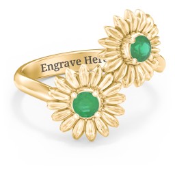 Sunflower Birthstone Bypass Ring in 10K Solid Yellow Gold with Emerald