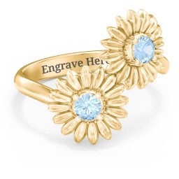 Sunflower Birthstone Bypass Ring in 10K Solid Yellow Gold with Blue Topaz