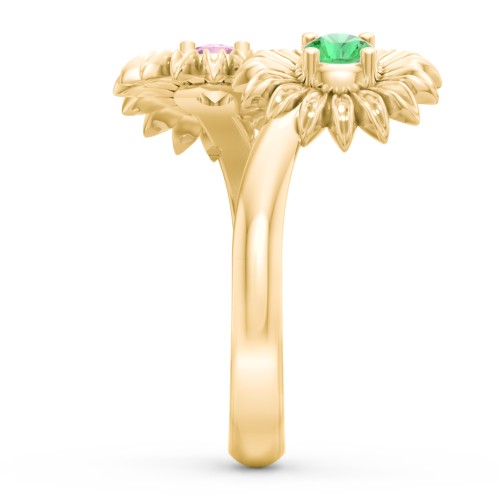 Sunflower Birthstone Bypass Ring – 10K Yellow Gold with Emerald and Pink Tourmaline