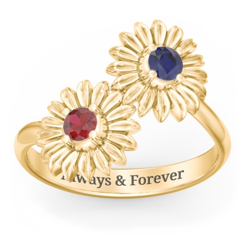 Sunflower Birthstone Bypass Ring – 10K Yellow Gold with Blue Sapphire and Garnet