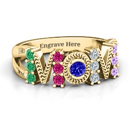 Split Shank Stone Filled MOM Ring in 10K Solid Yellow Gold with Emerald, Ruby, Cubic Zirconia, Amethyst, and Blue Sapphire