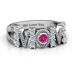 Split Shank Stone Filled MOM Ring – Sterling Silver with Cubic Zirconia and Ruby